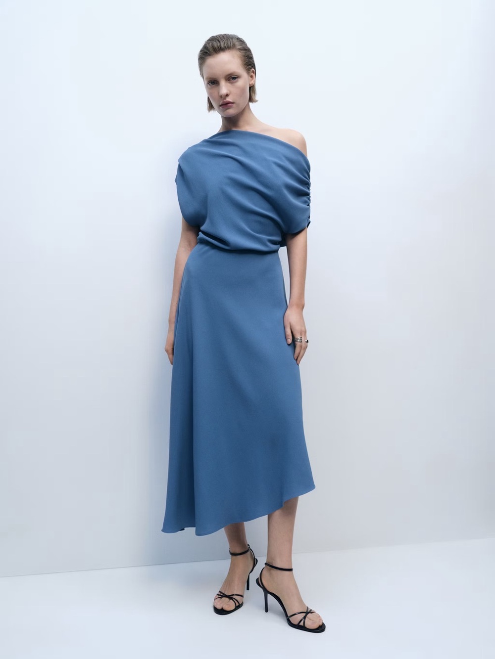 Mango Blue asymmetrical-neck midi dress NWT